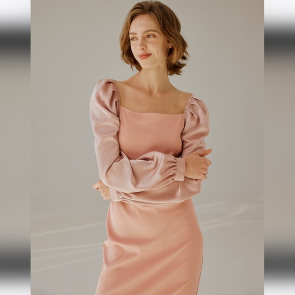 Square Neck Puff Sleeve Midi Dress (Peach Pink) - Nap Loungewear - Picture 4 of 12